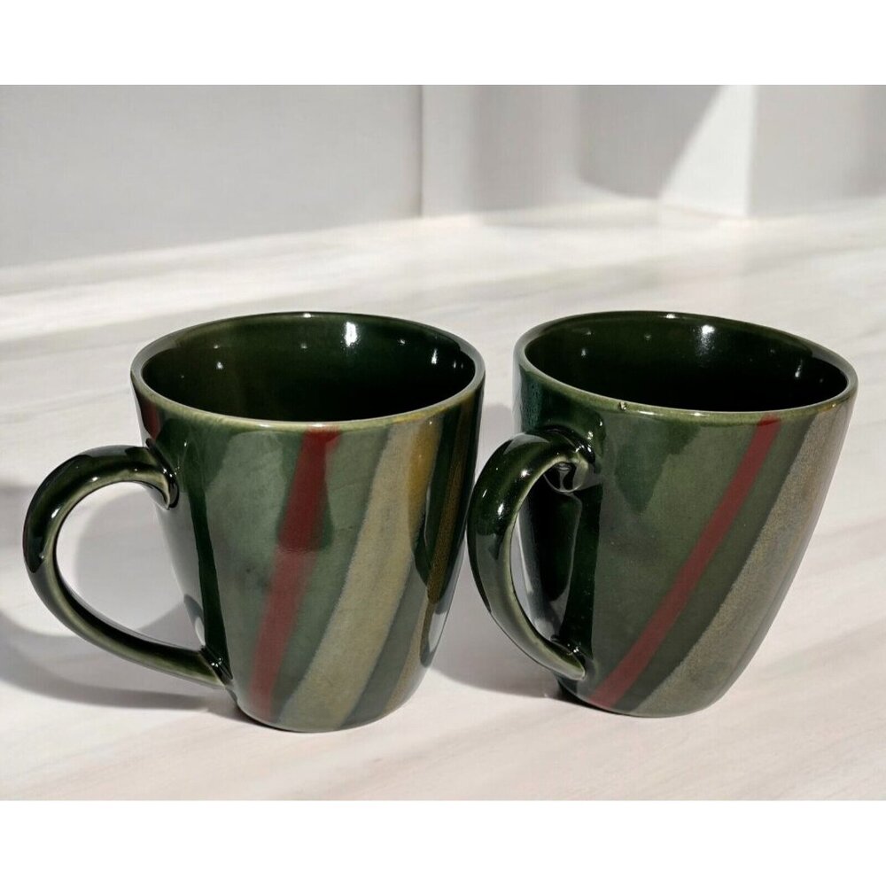 Vintage Sango 4724 Avanti Green Stripe Stoneware Coffee Mug Lot of 2